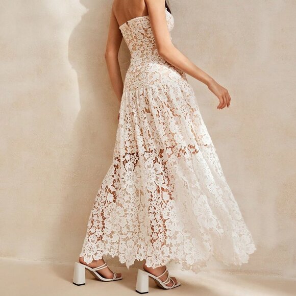 White Elegant Women's Heavy-Embroidered Lace Strapless Romantic Floral Dress - Picture 2 of 7